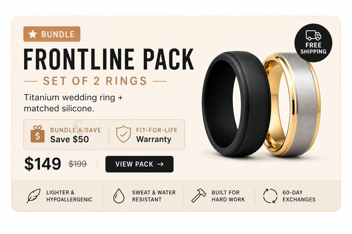 Frontline Pack set of two rings: titanium wedding ring and matched black silicone ring