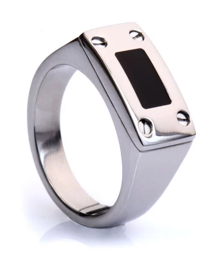 Titanium Signet Ring with Black Enamel Top Plate and Screw Detailing