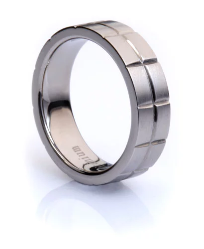Polished Titanium Men's Ring with Centerline and Cross Grooves