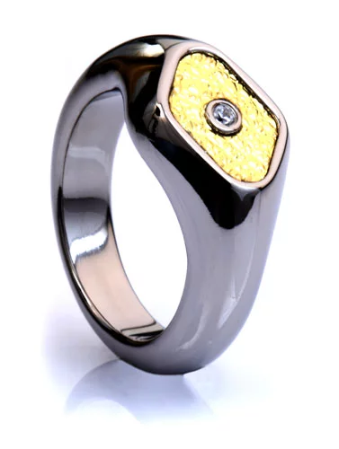Titanium Signet Ring with Inset Stone and Gold Highlight