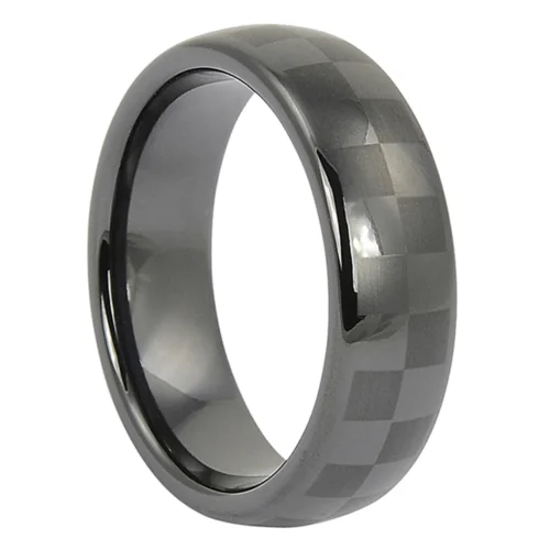 Mens Black 6mm Ceramic Ring with Chequered Pattern