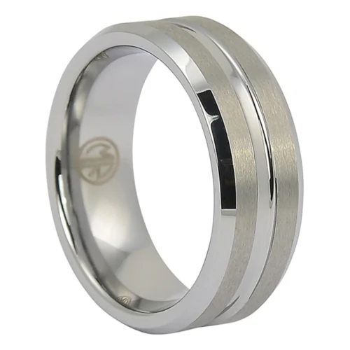 Brushed Tungsten Ring with Polished Center Groove and Tapered Edges