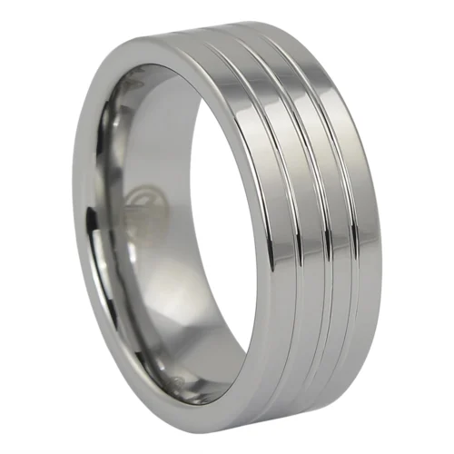 Bold Polished Tungsten Men's Ring with Triple Groove Design