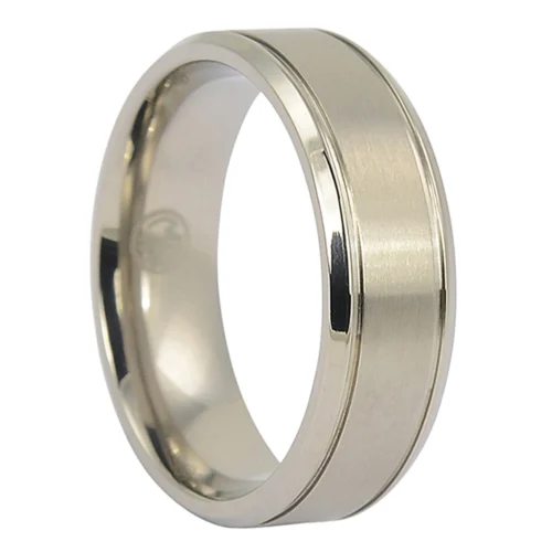 Titanium Men's Wedding Band with Polished Edges, and Twin Grooves