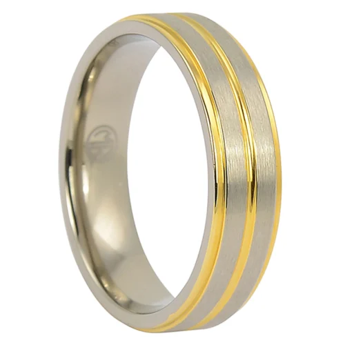 Elegant 6mm Satin Finish Titanium Wedding Band with Gold Inlay