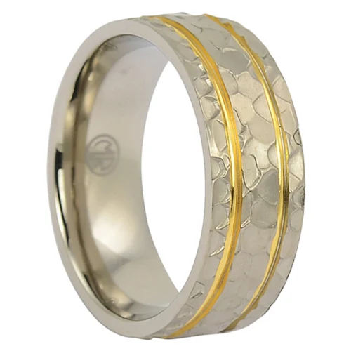 Bold & Unique Titanium Band with Hammered Finish and Twin Gold Plated Grooves