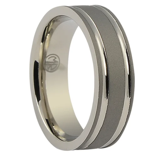 Titanium Men's Ring with Dark Matte Finish, Twin Polished Grooves Flat Edge Design