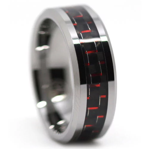 Ultimate Masculine Tungsten and Carbon Fibre Ring with Red Tint