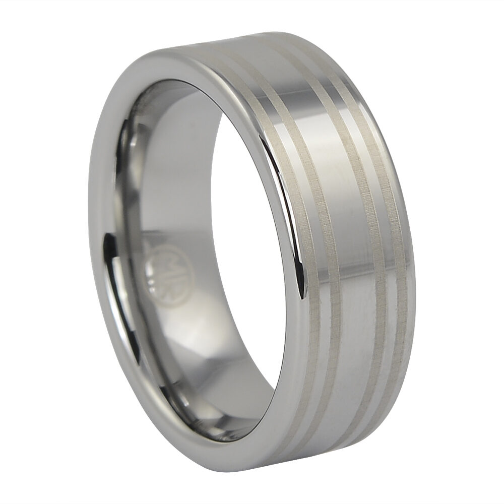 FTR 053 Wide Flat Polished Tungsten Ring with Dual Brushed Line Accents