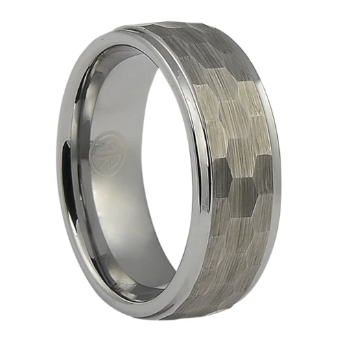 Bold and Resilient Brushed Hammered Tungsten Men's Ring with Polished Step Edge