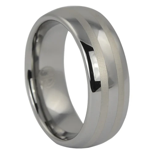 High Polished Wide Tungsten Dome Men's Ring with Brushed Centerline Accents