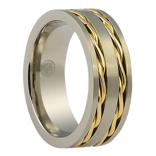 8mm Wide Titanium Wedding Band with Gold Chain Inlay