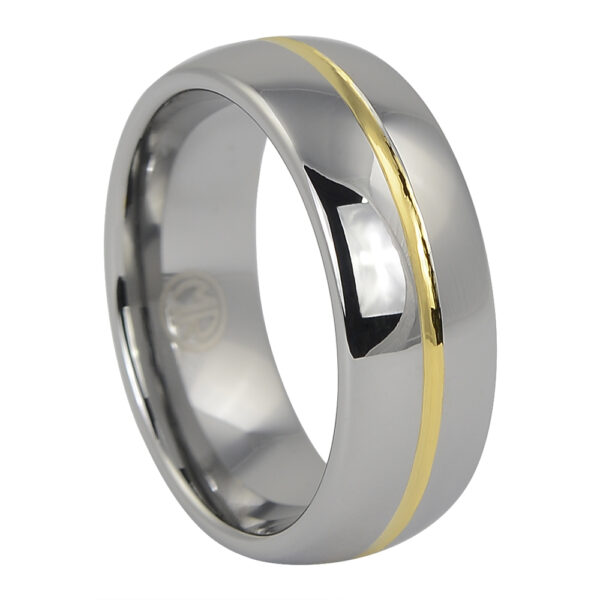 Polished Dome Tungsten Ring with Gold Center Line Polished Dome Tungsten Ring with Gold Center Line