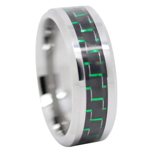 Polished Tungsten Carbide Ring with Black Carbon Fiber and Green Highlights