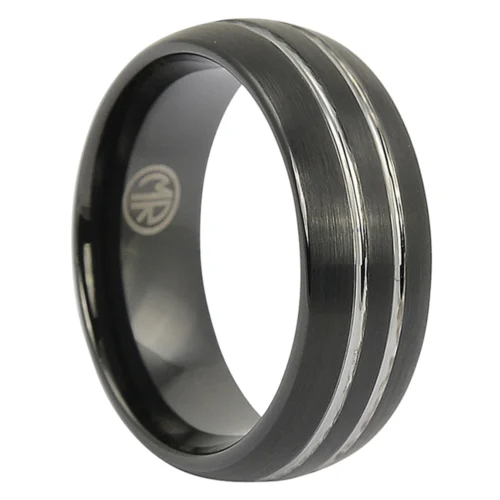Black Tungsten Men's Ring with Brushed Finish and Twin Polished Grooves