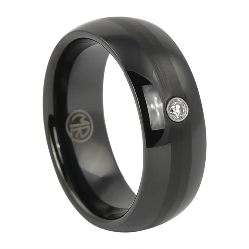 Bold & Unique Black Tungsten Ring with Inset Simulated Diamond