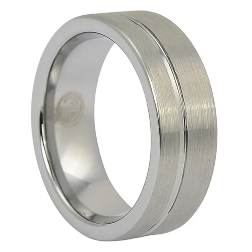 Brushed Tungsten Men's Ring with Offset Polished Groove