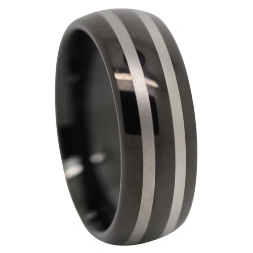 Stand Out Black Polished Tungsten Ring with Twin Natural Stripes