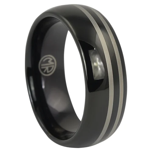 Stunning Black Tungsten Men's Ring with Twin Offset Natural Stripes