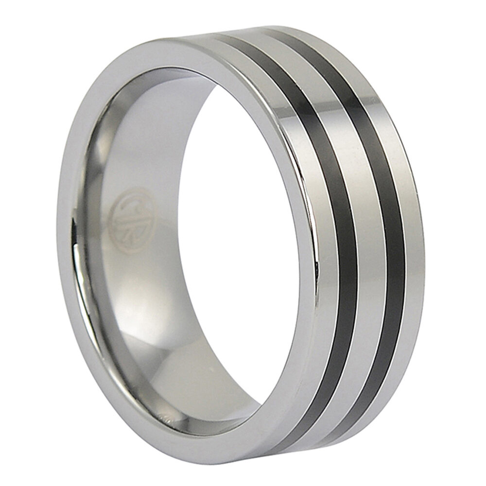 FTR 082 Polished Tungsten Ring With Twin Black Stripes