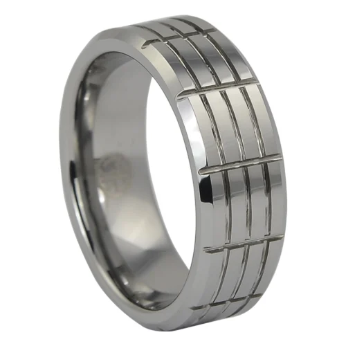 Industrial Tungsten Ring with Bold Grooved Design