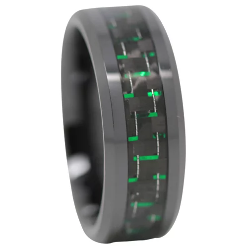 Black Ceramic Mens Ring With Green Carbon Fiber