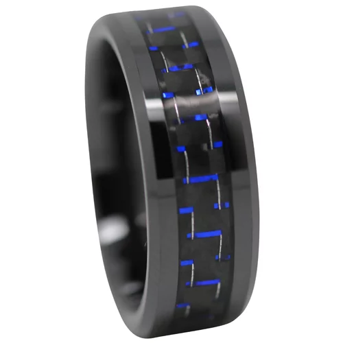 Black Ceramic Mens Ring With Blue Carbon Fiber