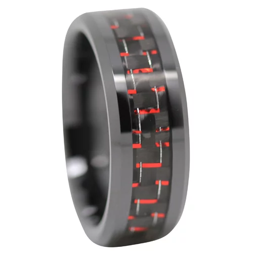 Black Ceramic Mens Ring With Red Carbon Fiber