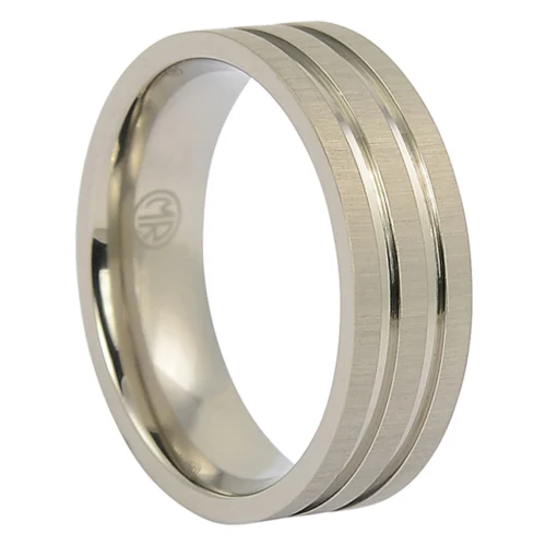 Titanium Men's Wedding Ring with Brushed Finish and Twin Polished Grooves