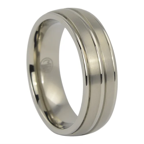 Titanium Men's Wedding Ring with Satin Finish and Dual Polished Grooves