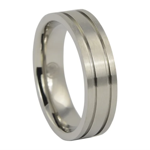 Titanium Men's Squared Wedding Ring with Satin Finish and Twin Polished Grooves