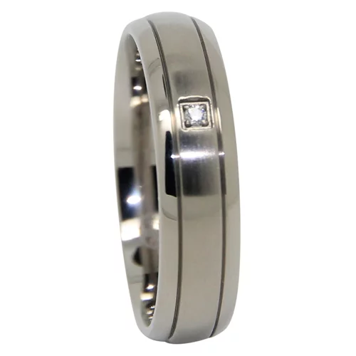 Titanium Men's Wedding Ring with Twin Grooved Edge and Simulated Diamond