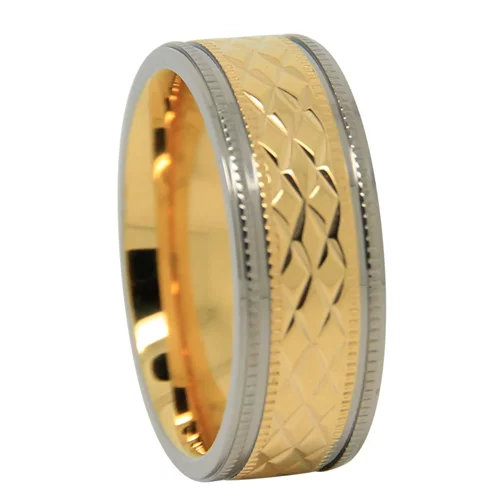 Titanium Men's Wedding Ring with Gold Plated Patterned Center and Milgrain Edge