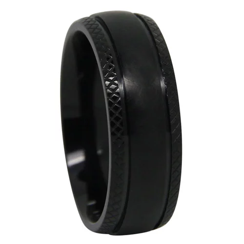 Titanium Men's Ring with Black Distressed Finish and Textured Criss-Cross Edge