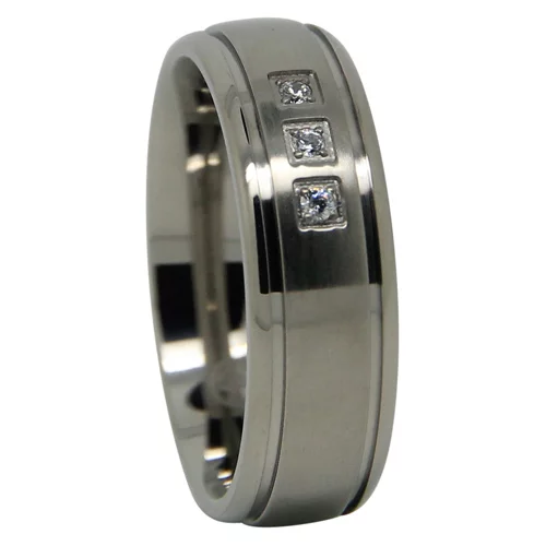 Titanium Men's Wedding Ring with Triple Simulated Diamonds and Outer Grooves