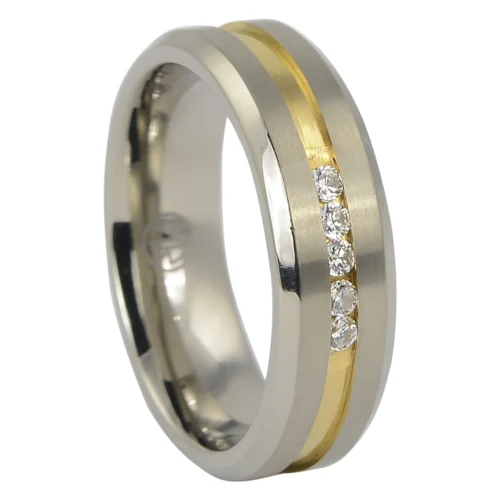 Titanium Men's Wedding Ring with Gold Plated Centreline and Simulated Diamonds