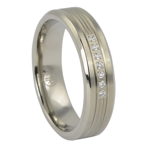 Titanium Men's Wedding Ring with Seven Simulated Diamonds and Grooved Center Band