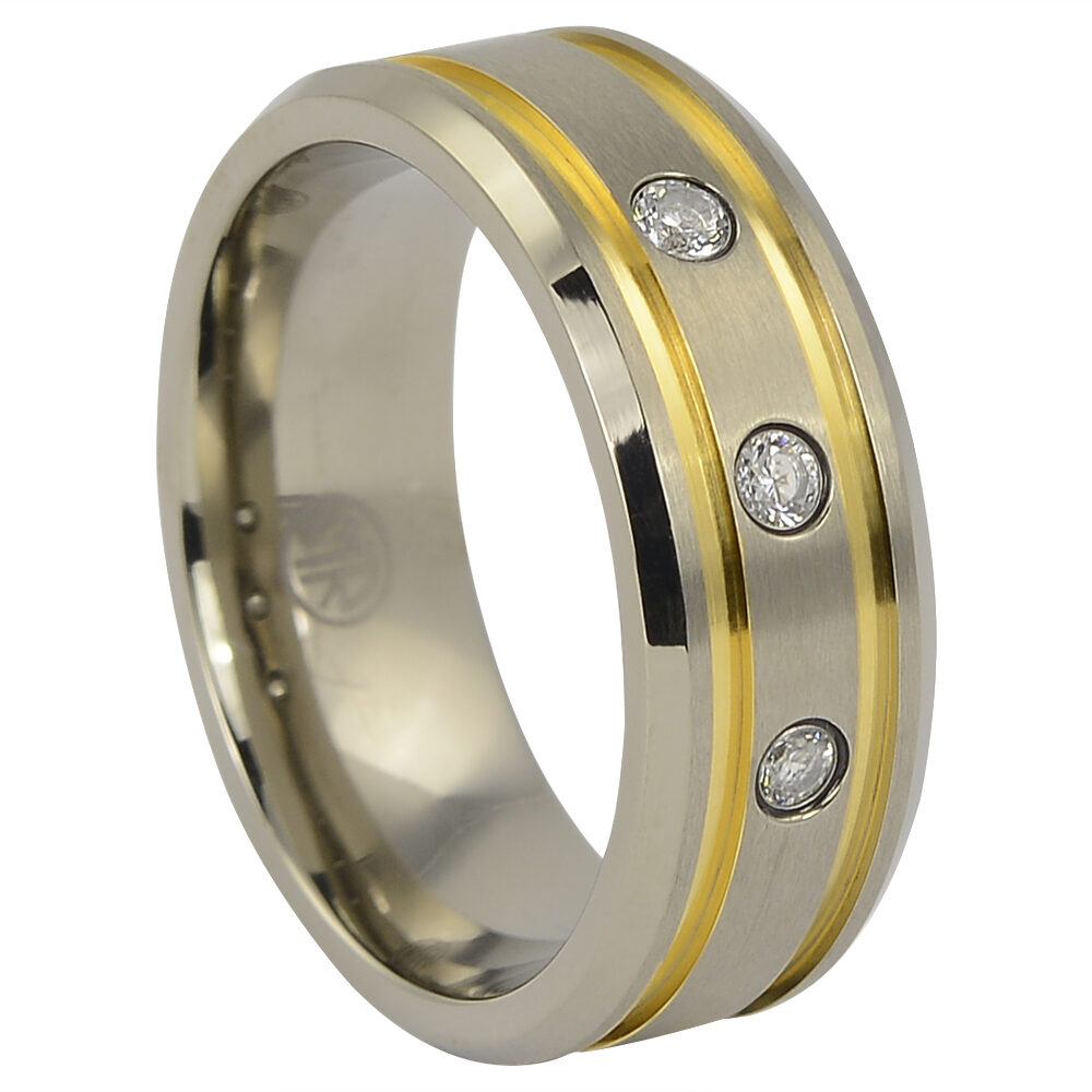 ITR 143 Bold Mens Titanium Wedding Ring With Twin Golden Grooves