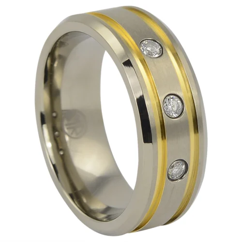 Titanium Men's Wedding Ring with Twin Gold Plated Grooves and Simulated Diamonds