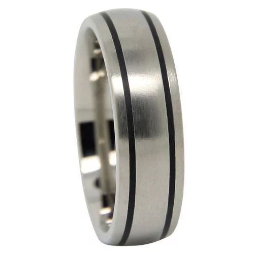 Edgy and Bold Titanium Men's Wedding Ring with Twin Black Grooves