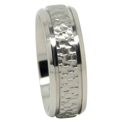 Titanium Men's Wedding Ring with Bold Hammered Centerline