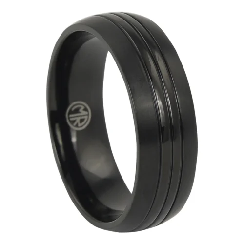 Black Titanium Men's Ring with Triple Grooved Centerline