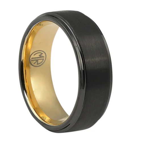 Bold Black Tungsten Mens Ring With Gold Inner Band