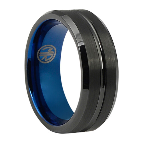 FTR 098 Black Tungsten Mens Ring With Blue Inner Band 1