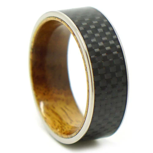 Solid Carbon Fibre Koa Wood Titanium Mens Ring