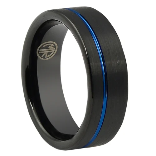 Elegant Black and Blue Tungsten Men's Ring with Offset Groove