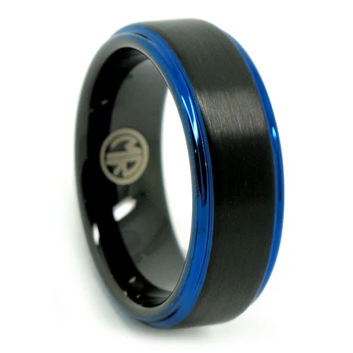 Striking Black Tungsten Men's Ring with Blue Step Edges