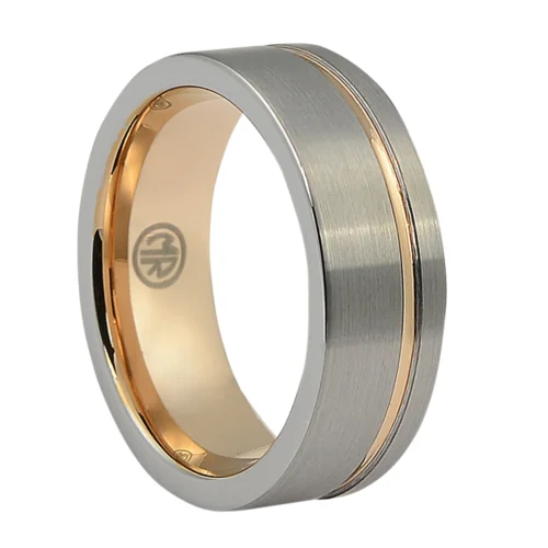 Exclusive Brushed Rose Gold "Signature" Tungsten Men's Ring with Rose Gold Groove