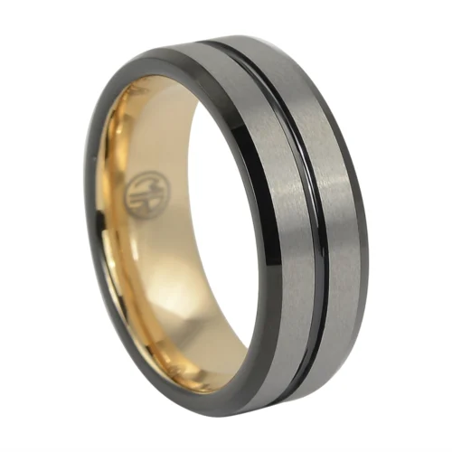 Luxurious Brushed Black and Gold "Signature" Tungsten Men's Ring with Tapered Edges