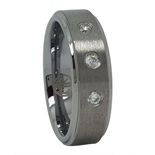 Exquisite Brushed Tungsten Men's Promise Ring with Triple Simulated Diamonds